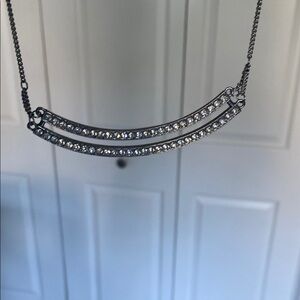 Silver Curved Bar Necklace Minimalist Design with Rhinestones